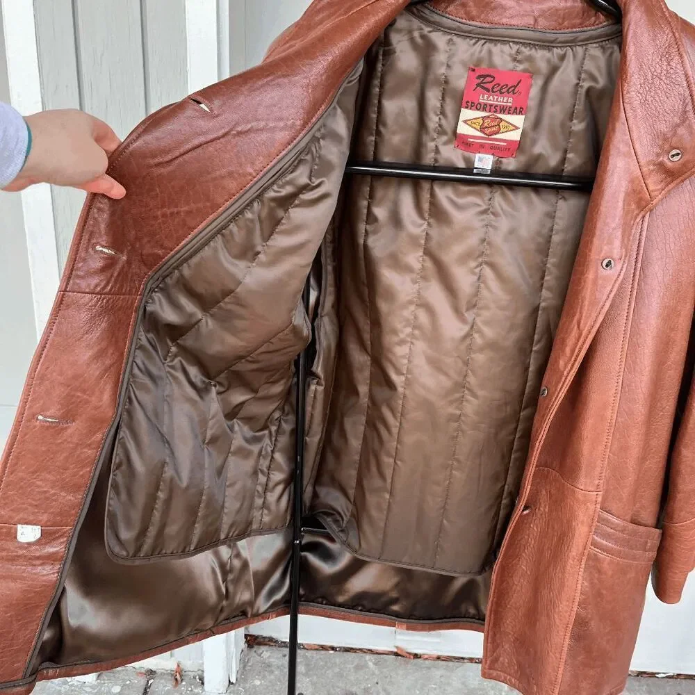Vintage 70s Reed Sportswear Cognac Leather Coat L–XXL Western Rodeo Boho USA
